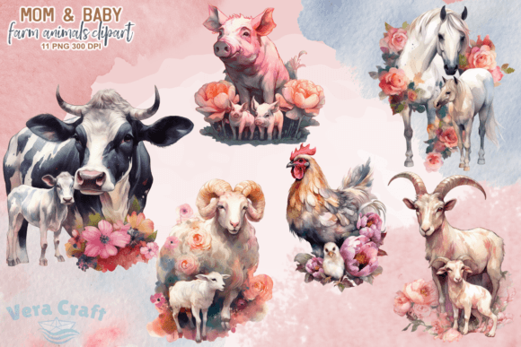 Download Mom&amp;Baby Farm Animals Watercolor Clipart - Clipart Collection