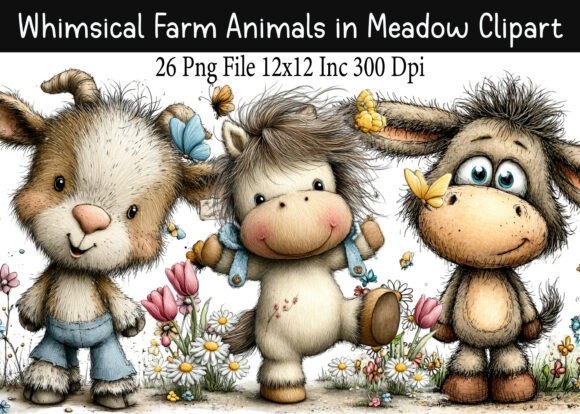 Download Whimsical Farm Animals in Meadow Clipart - Meadow Collection