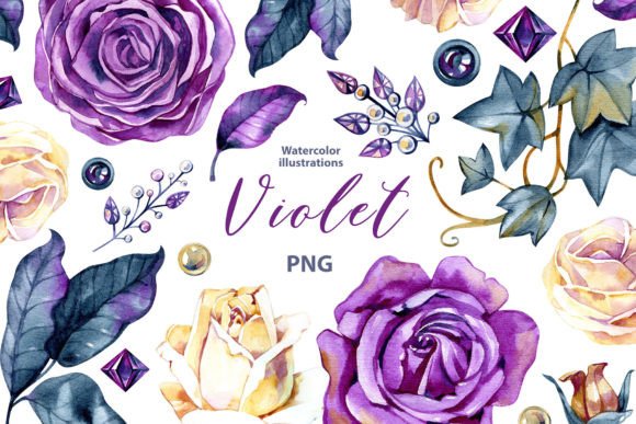 Download Watercolor Violet Roses and Gems Clipart - Clipart Collection