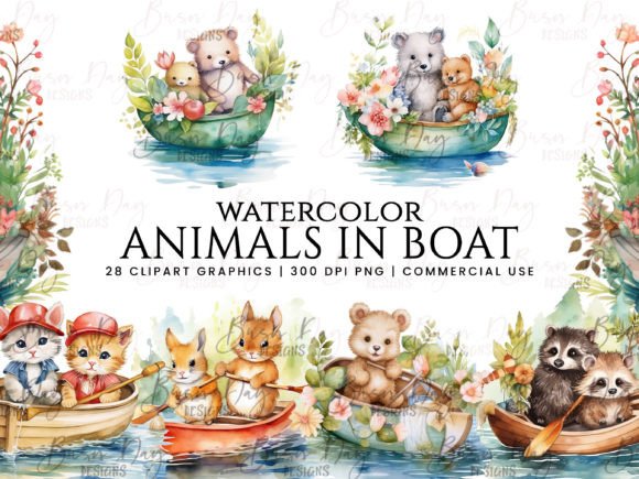 Download Watercolor Animals in Boat Clipart - Clipart Collection