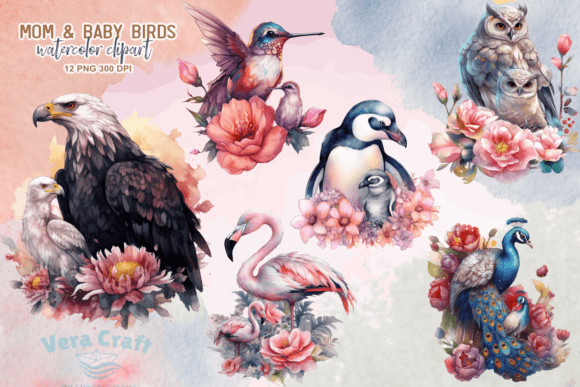 Download Mom &amp; Baby Birds Watercolor Clipart PNG - Clipart Collection
