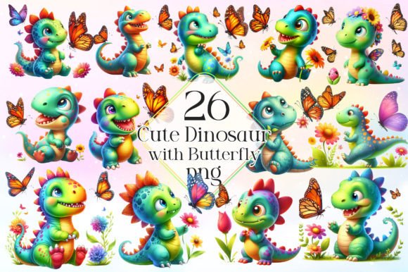 Download Cute Dinosaur with Butterfly Clipart Png - Clipart Collection